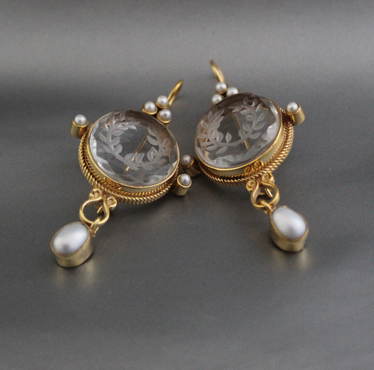 Clear Crystal Laurel Wreath Intaglio Earrings, Gold Chandelier Style, photo 11