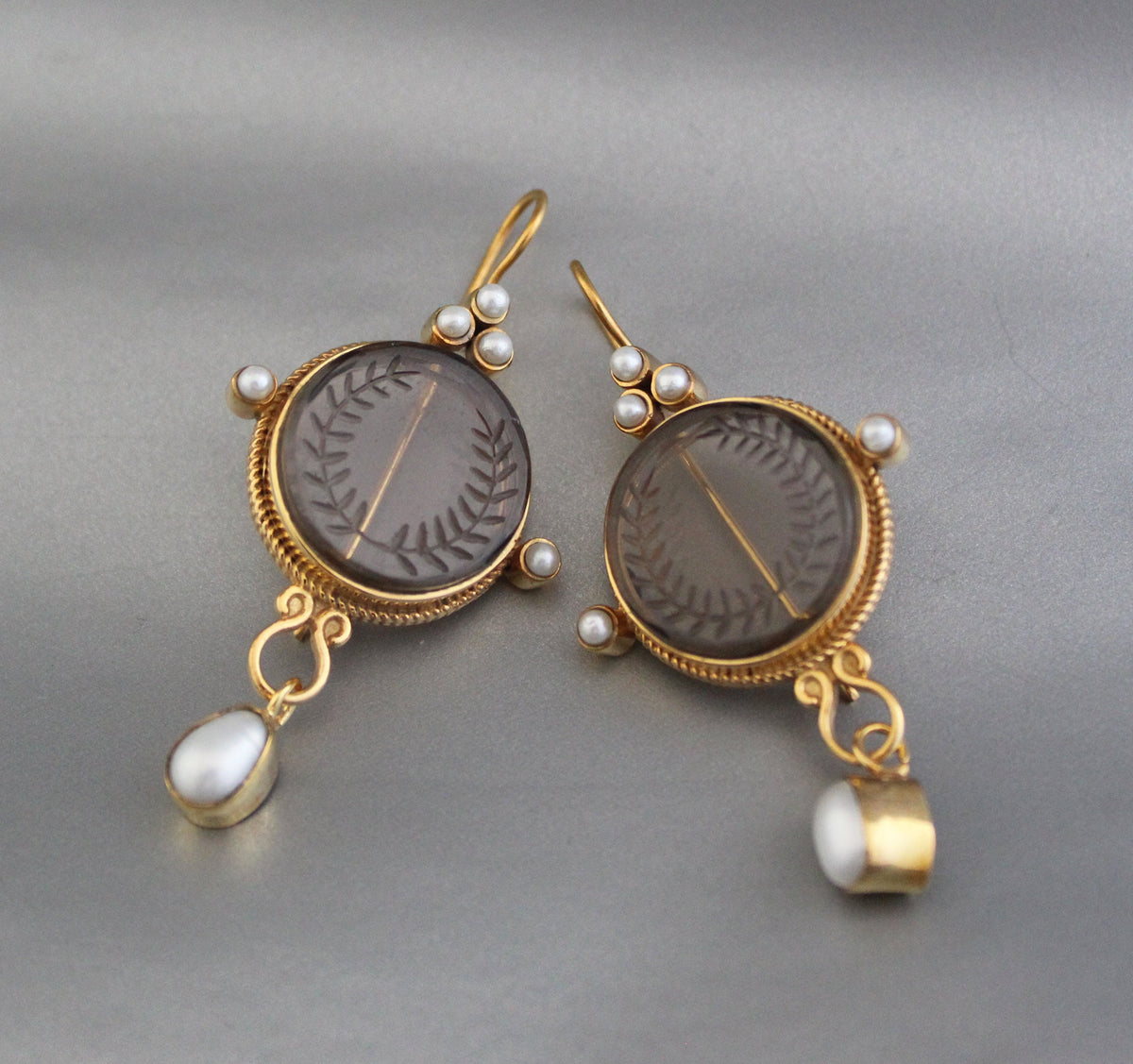 Smokey Laurel Wreath Intaglio Earrings, Edwardian Gold Vermeil, photo 11