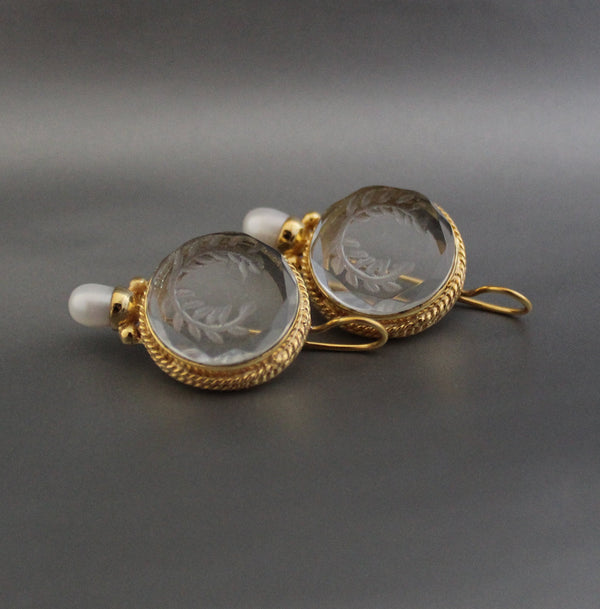 Crystal Laurel Wreath Intaglio Earrings, Vintage Gold