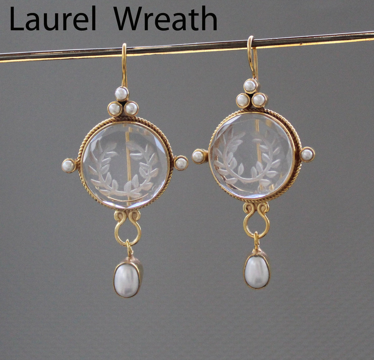 Clear Crystal Laurel Wreath Intaglio Earrings, Gold Chandelier Style, photo 2