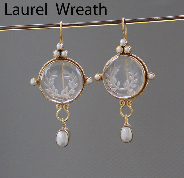 Clear Crystal Laurel Wreath Intaglio Earrings, Gold Chandelier Style, photo 2
