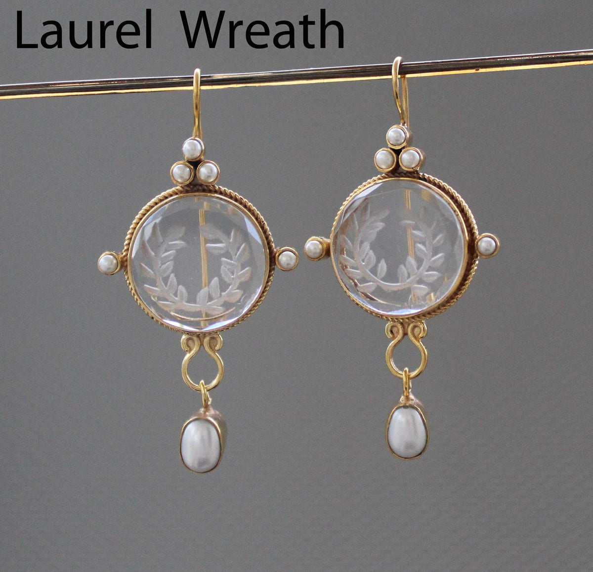 Clear Laurel Wreath Intaglio Pendant and Earrings Set, Gold Chandelier, photo 8