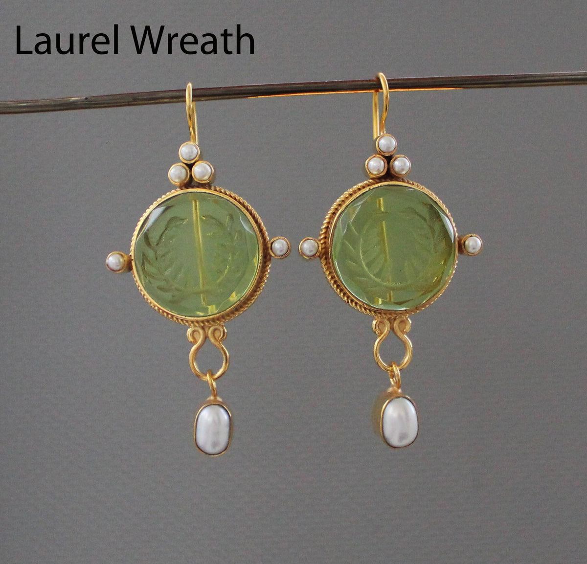 Laurel Wreath Intaglio Earrings, Gold Chandelier with Pearls, photo 9