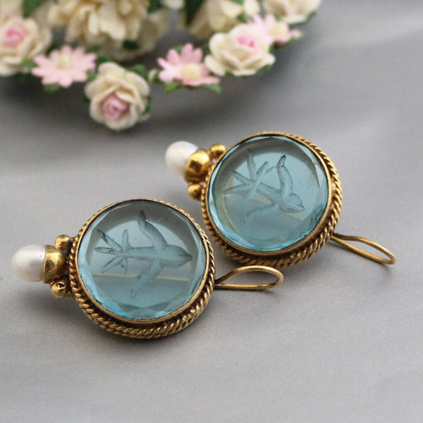 Blue Glass Intaglio Earrings, Victorian Style, Gold Vermeil with Pearl