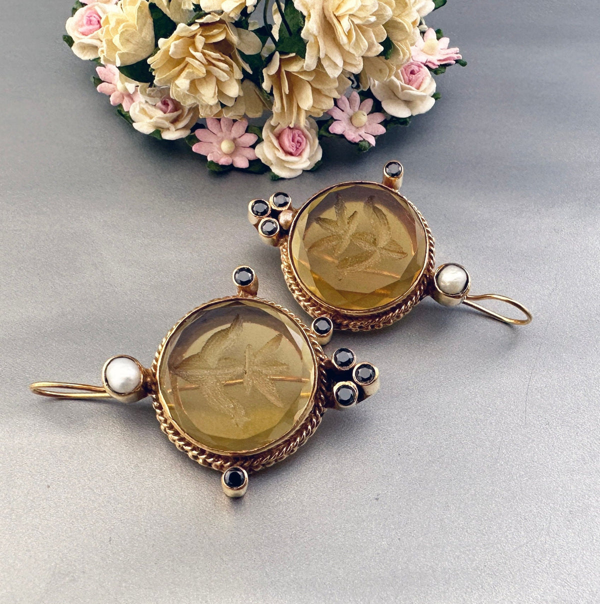 Yellow Intaglio Glass Earrings, Bridal Pearl Accent, Brass