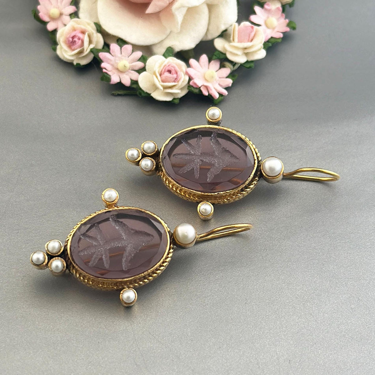 Amethyst Intaglio Earrings, Victorian Bridal Pearl Drops