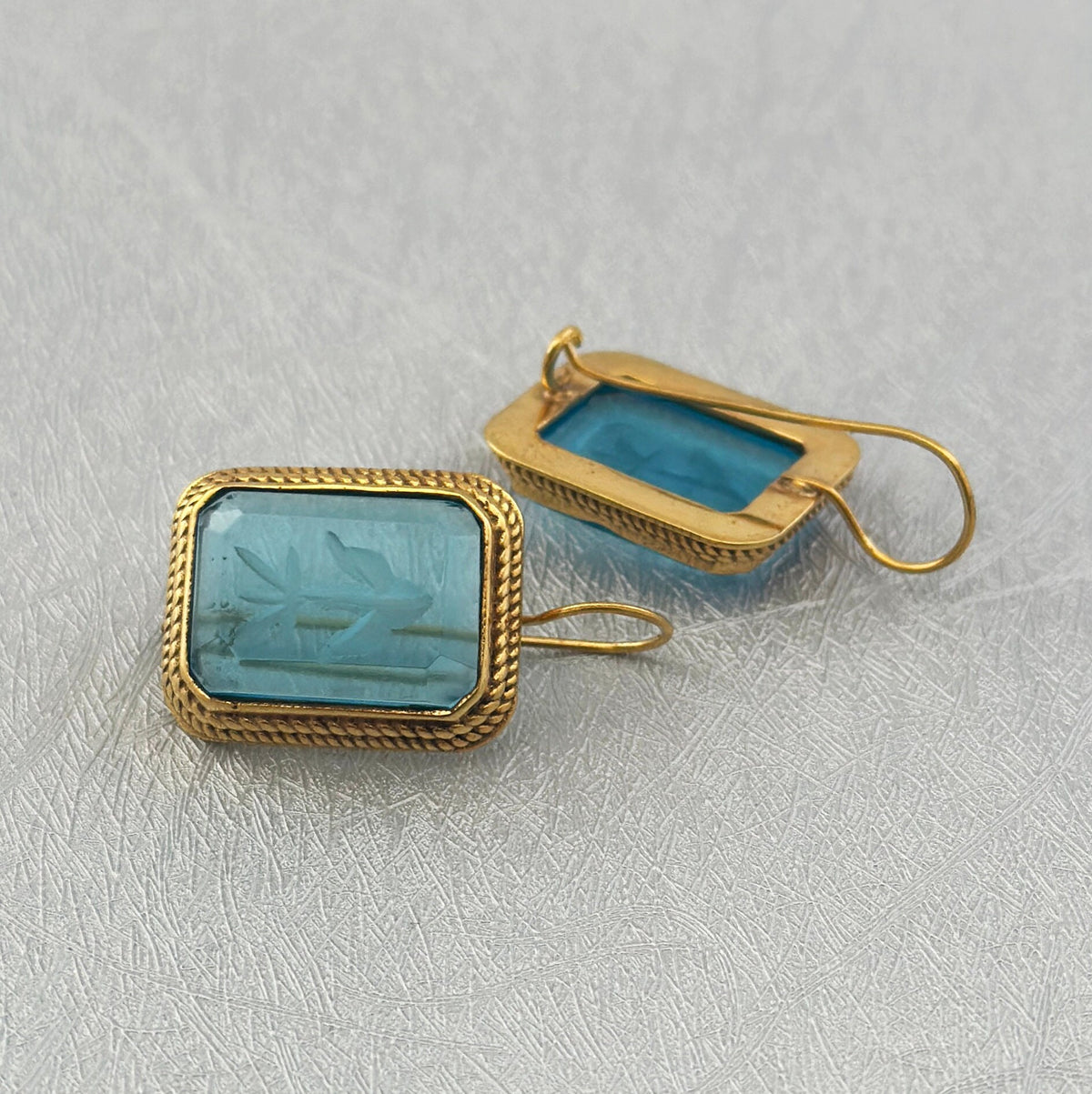 Blue Glass Intaglio Earrings, Greek Roman Victorian Style, 14K Gold, photo 4