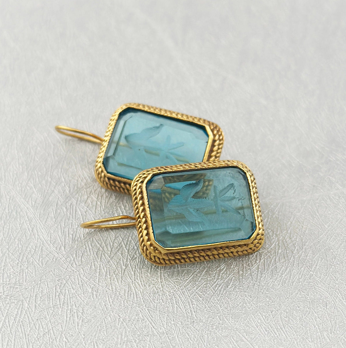Blue Glass Intaglio Earrings, Greek Roman Victorian Style, 14K Gold, photo 2
