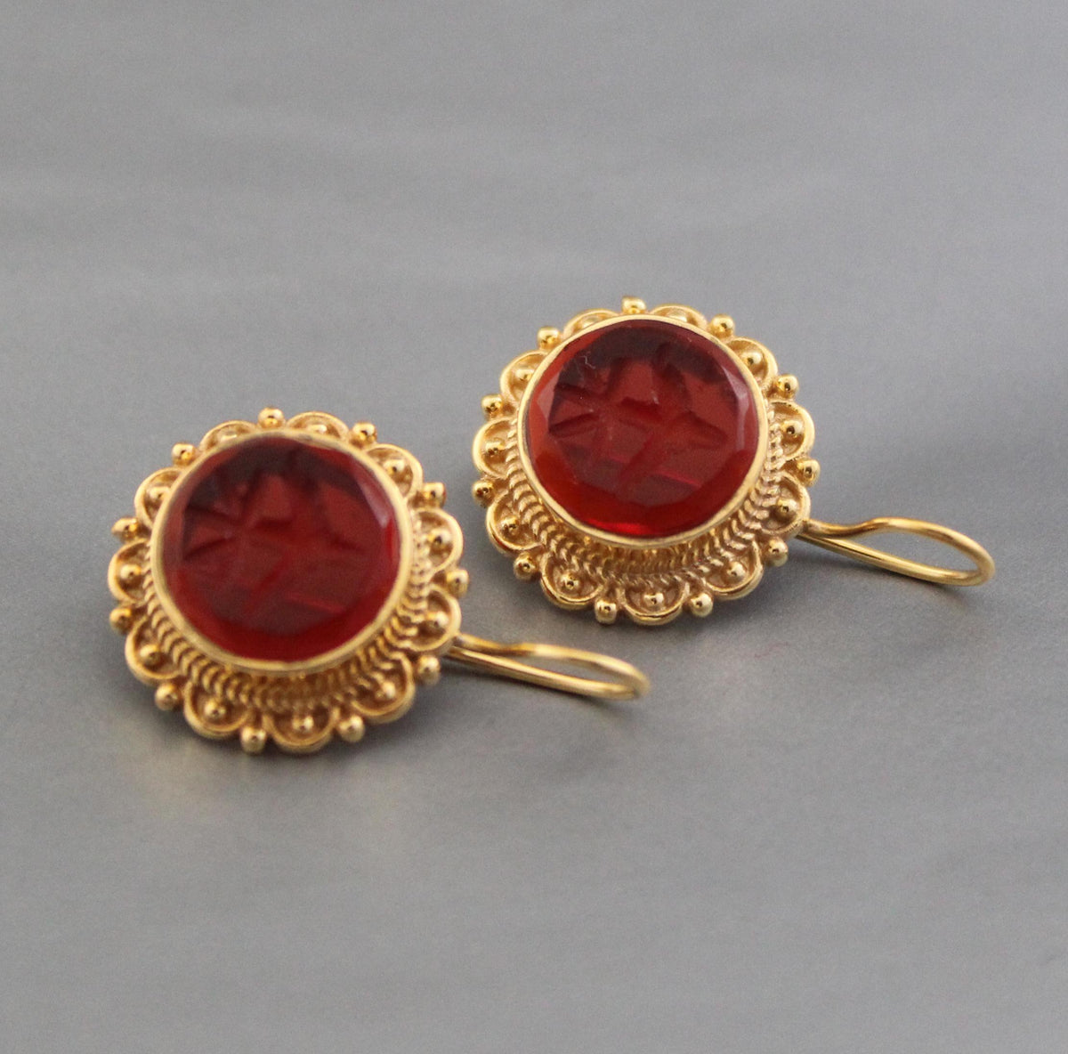 Red Glass Intaglio Earrings, Dainty Victorian Gold, Polished Finish, photo 2