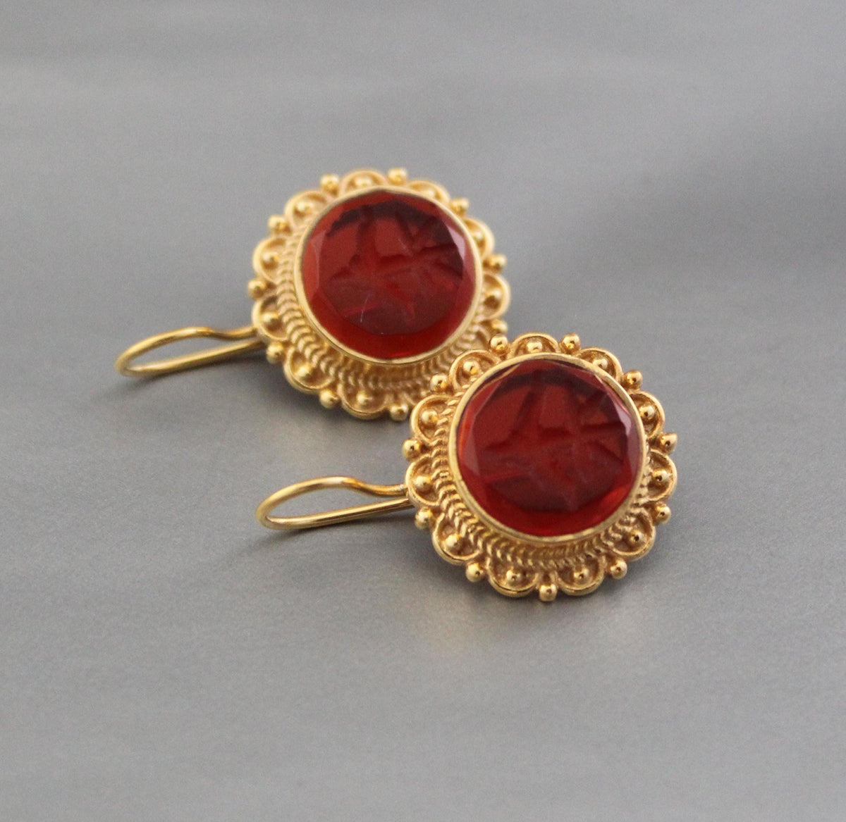 Red Glass Intaglio Earrings, Dainty Victorian Gold, Polished Finish, photo 5