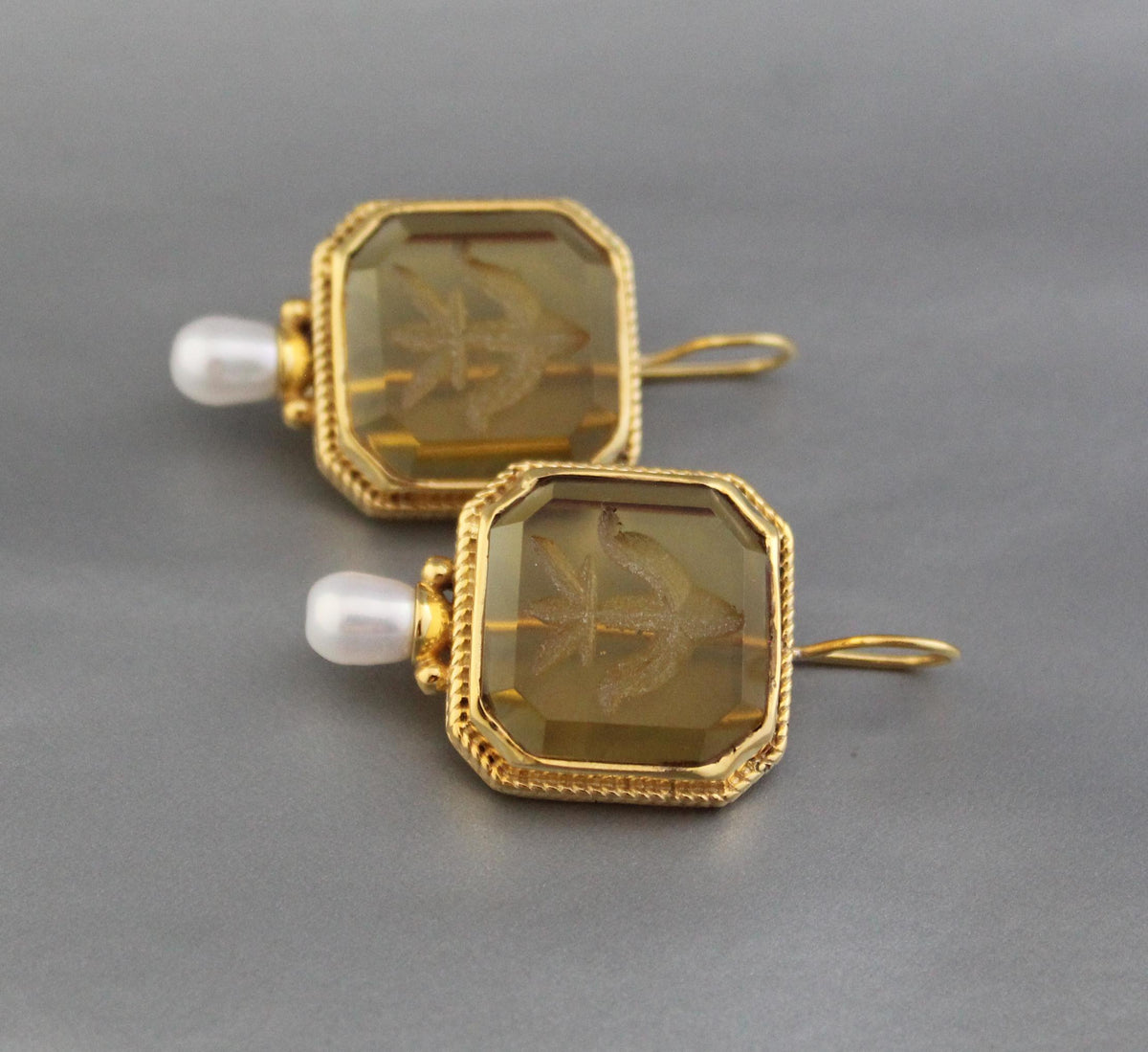Yellow Intaglio Earrings, Victorian Art Deco Style, Brass, photo 6