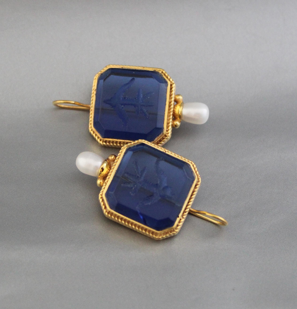 Indigo Blue Intaglio Earrings, Antique Victorian Style, Gold, photo 6