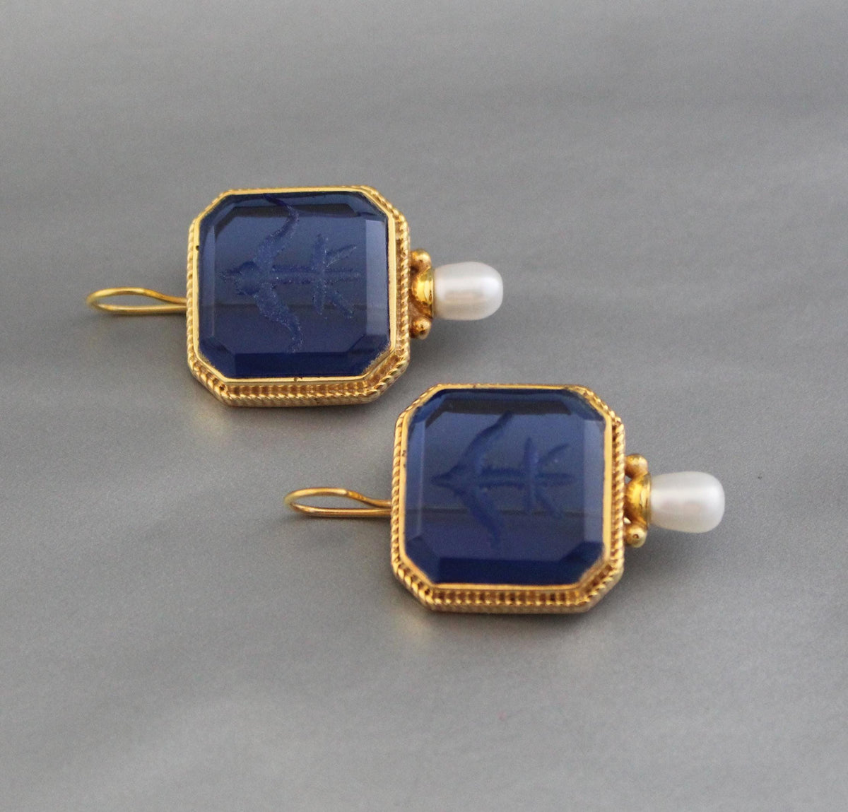 Indigo Blue Intaglio Earrings, Antique Victorian Style, Gold, photo 7