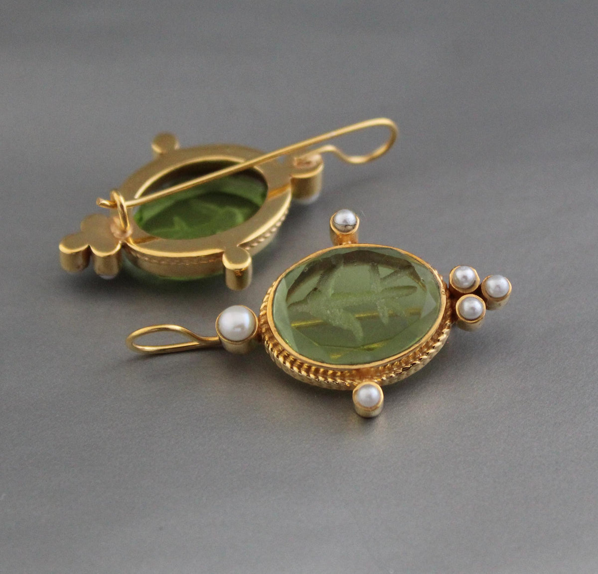 Green Intaglio Earrings, Victorian Style, Dainty Gold, photo 6
