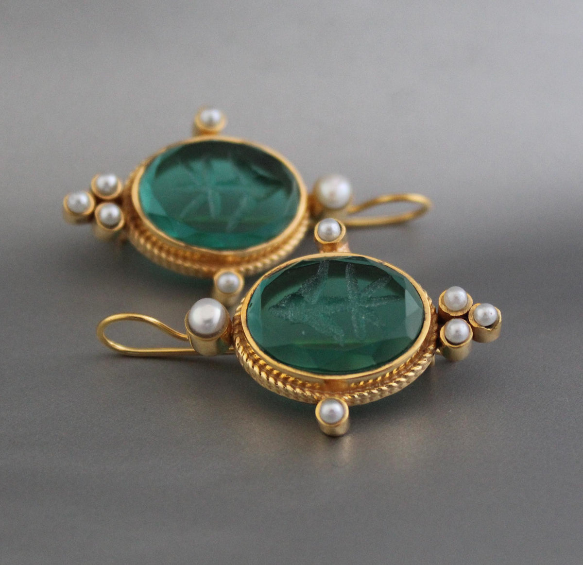 Green Glass Intaglio Earrings, Victorian Style Drops, Gold Vermeil, photo 7