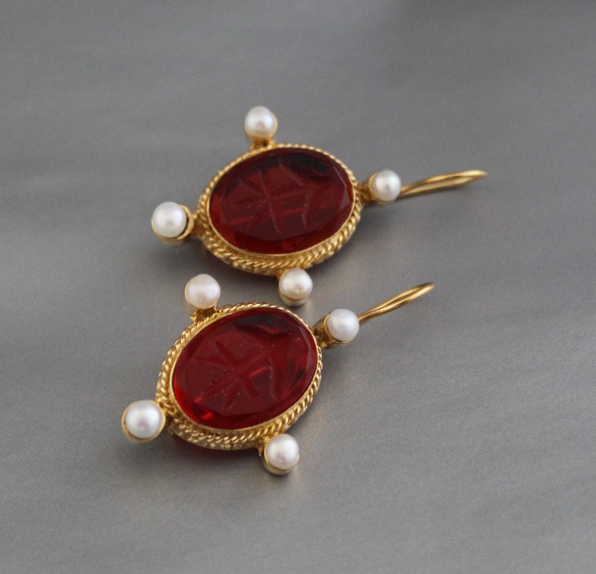 Red Glass Intaglio Earrings, Vintage Victorian Gold with Pearls, photo 7