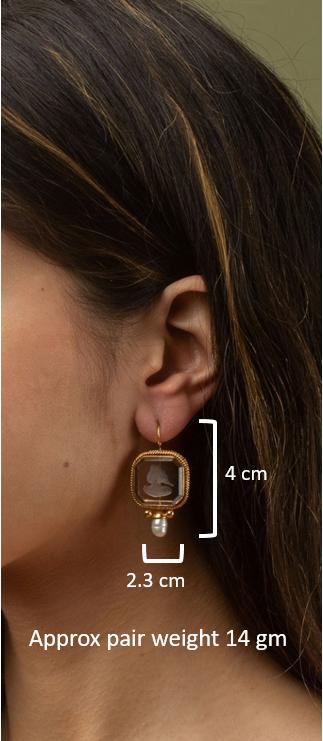 Green Glass Intaglio Earrings, Victorian Art Deco, 14K Gold, photo 3