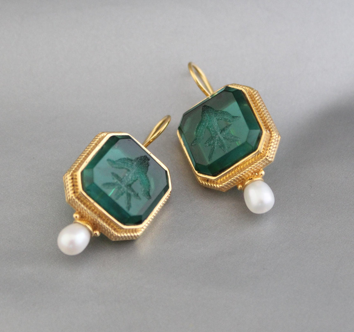 Green Glass Intaglio Earrings, Victorian Art Deco, 14K Gold, photo 8