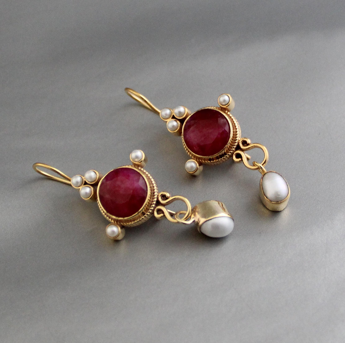 Ruby and Pearl Dangle Earrings, Victorian Bridal, 14K Gold, photo 4