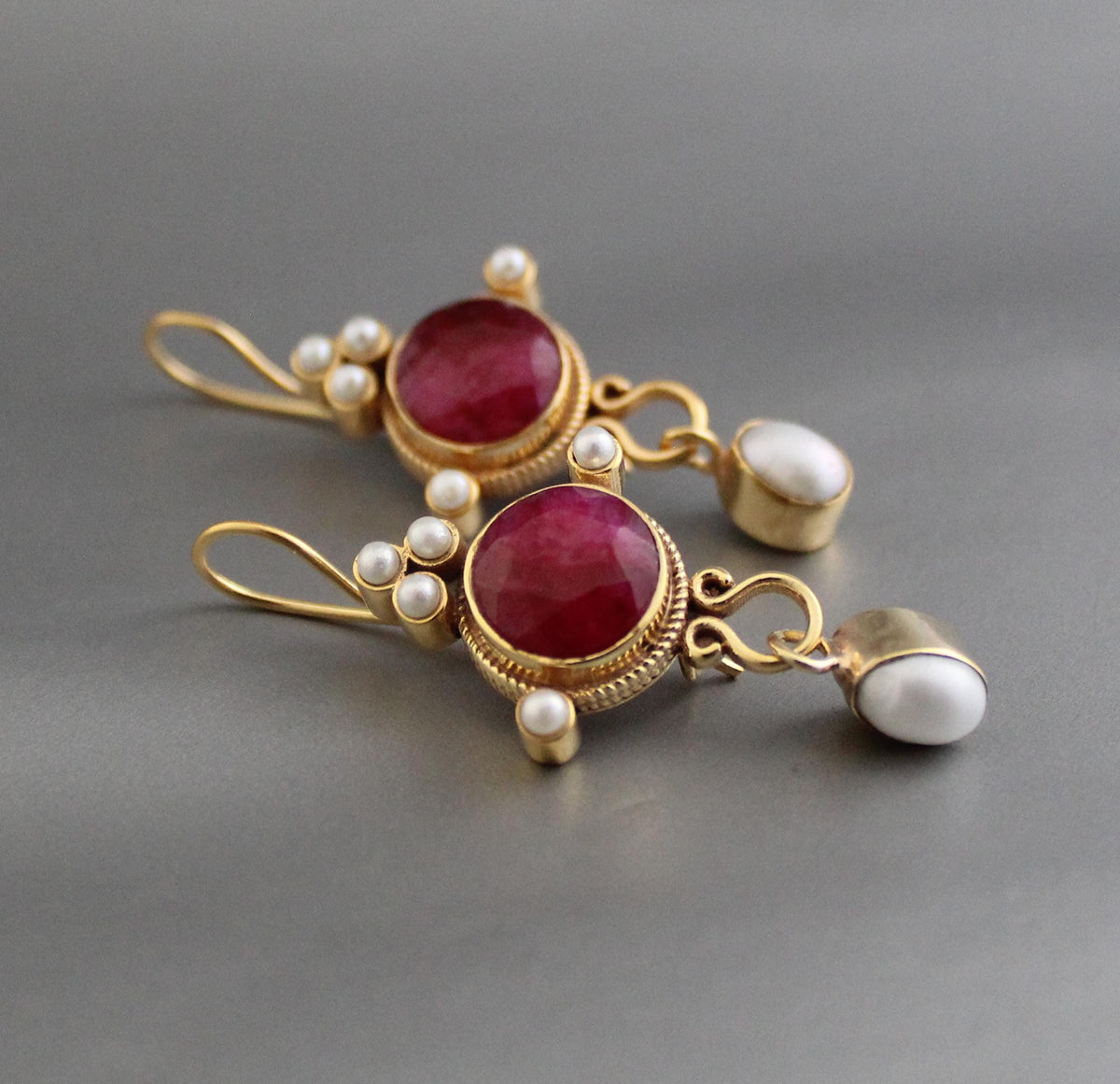 Ruby and Pearl Dangle Earrings, Victorian Bridal, 14K Gold, photo 6