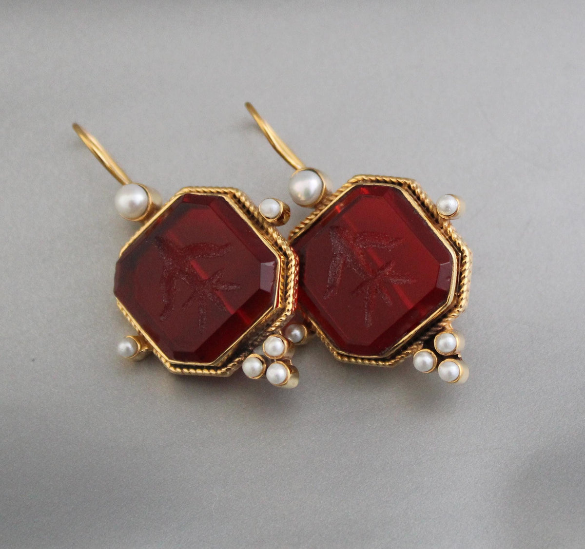 Red Intaglio Crystal Earrings, Victorian Style, 18K Gold, photo 5