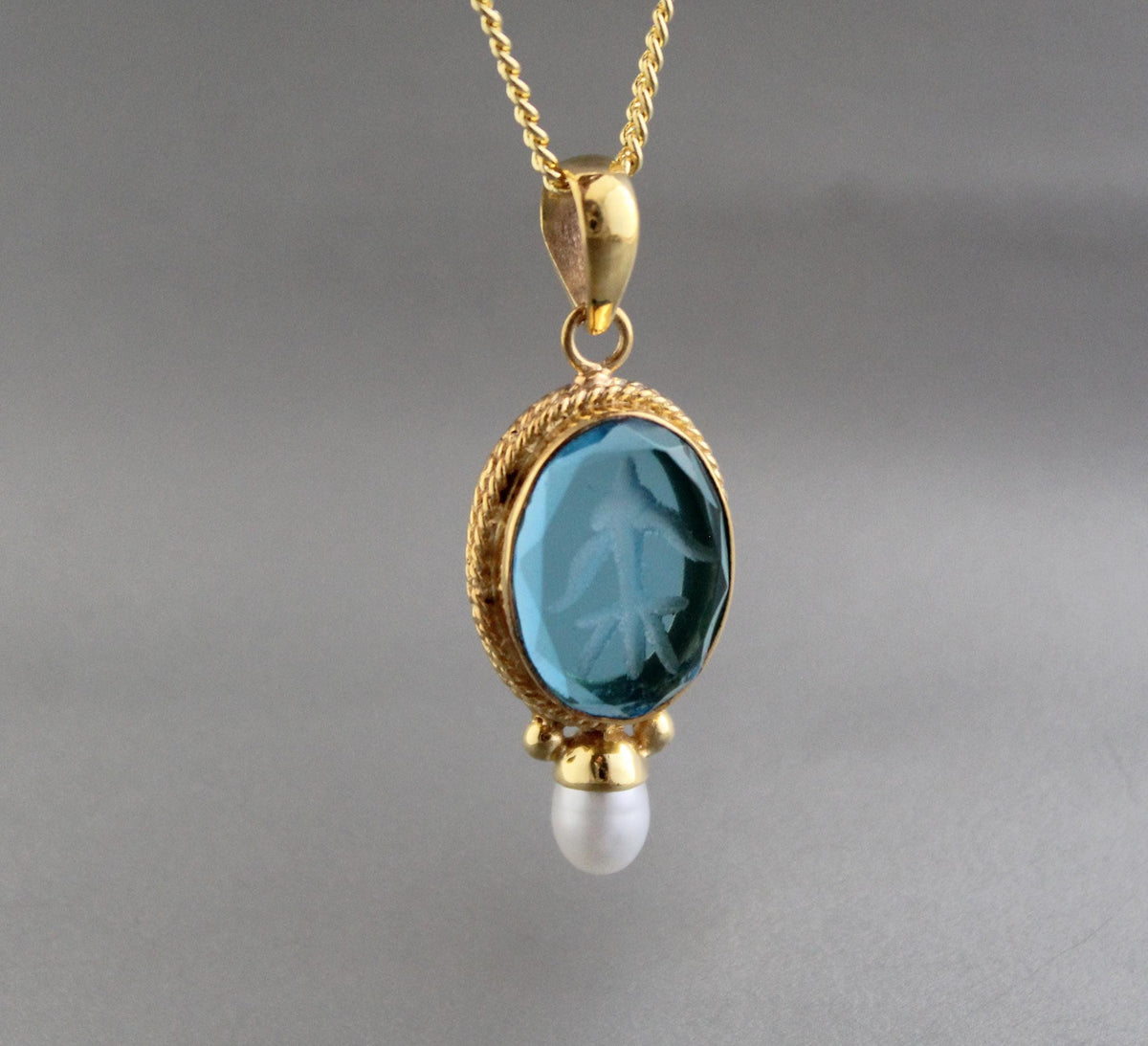 Blue Glass Intaglio Pendant Necklace, Victorian Style, Gold Vermeil with Pearl, photo 5