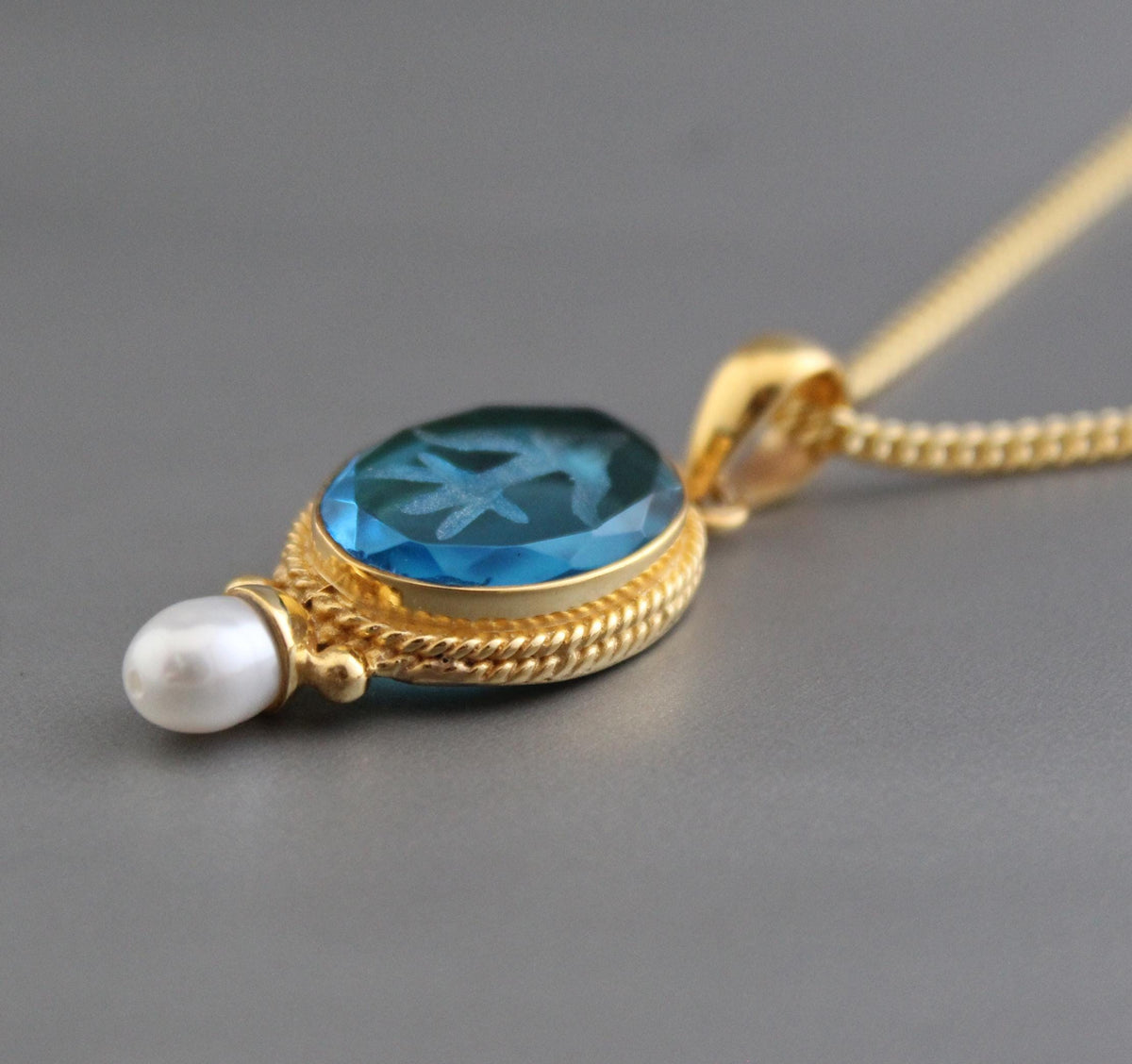 Blue Glass Intaglio Pendant Necklace, Victorian Style, Gold Vermeil with Pearl, photo 2