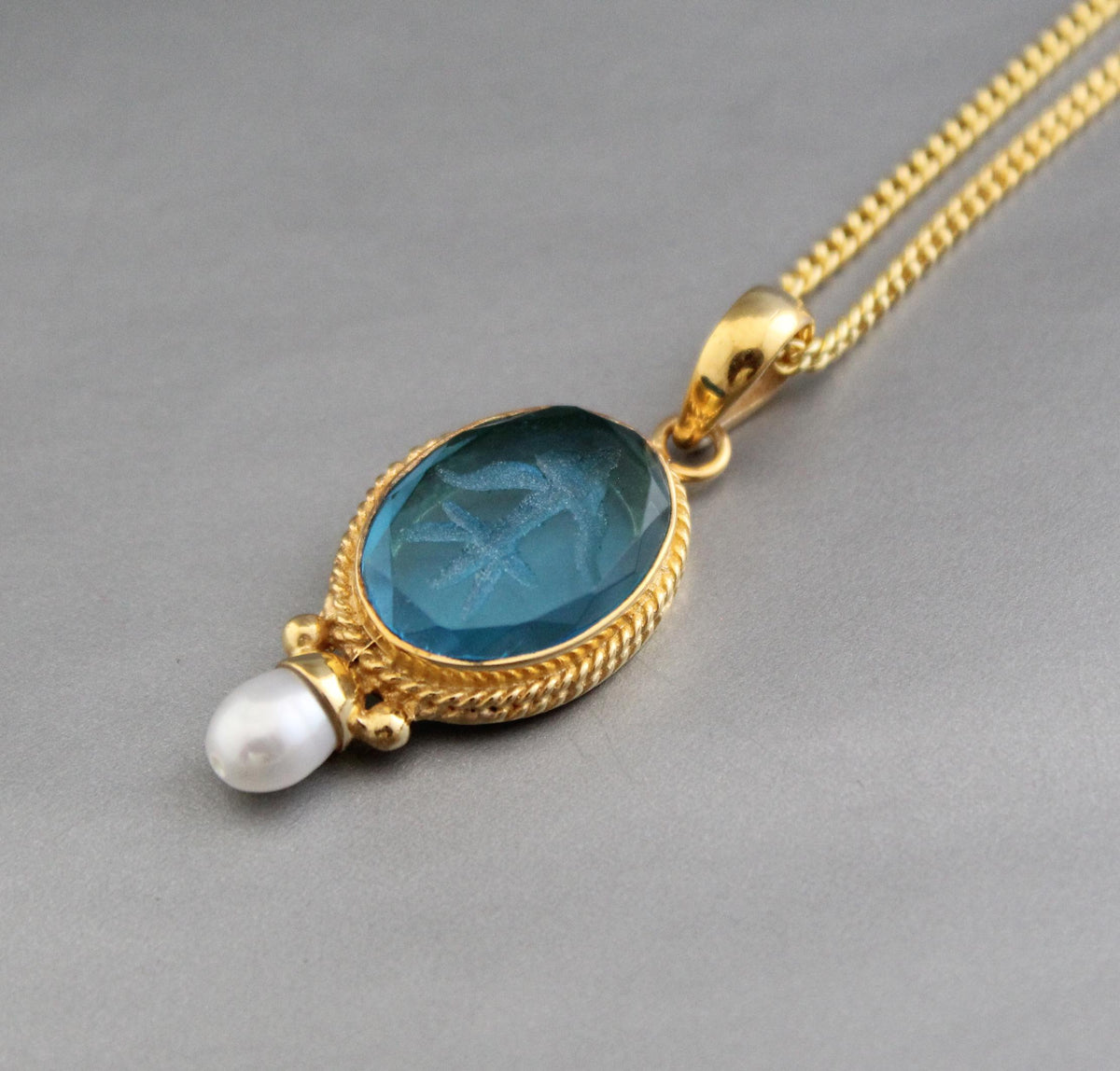 Blue Glass Intaglio Pendant Necklace, Victorian Style, Gold Vermeil with Pearl, photo 6