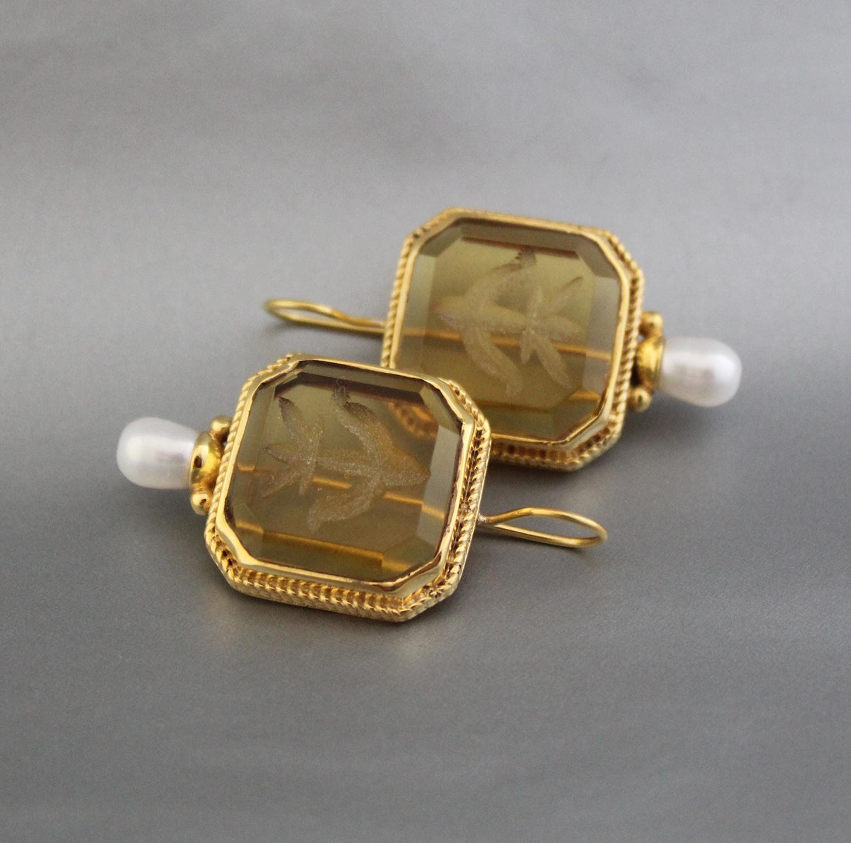 Yellow Intaglio Earrings, Victorian Art Deco Style, Brass, photo 8