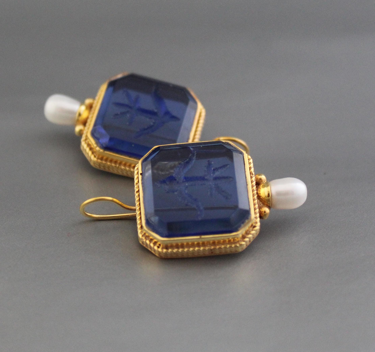 Indigo Blue Intaglio Earrings, Antique Victorian Style, Gold, photo 5