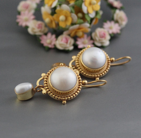 Pearl Intaglio Earrings, 1920s Vintage Style, Gold