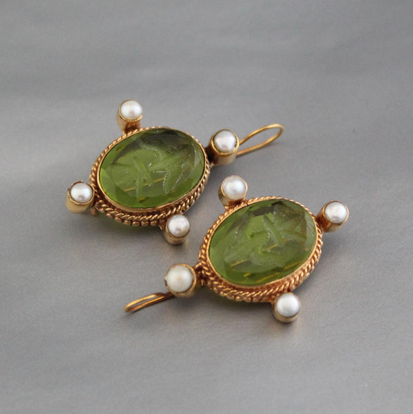 Engraved Intaglio Glass Earrings, Edwardian Bridal, Art Deco Gold