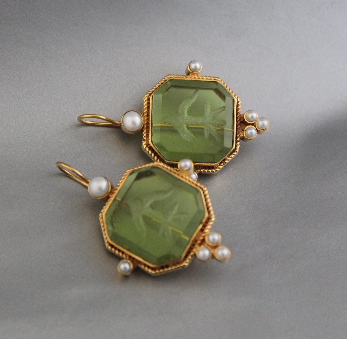 Green Crystal Intaglio Earrings, Victorian Dangles, Gold Brass, photo 5
