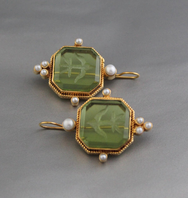 Green Crystal Intaglio Earrings, Victorian Dangles, Gold Brass