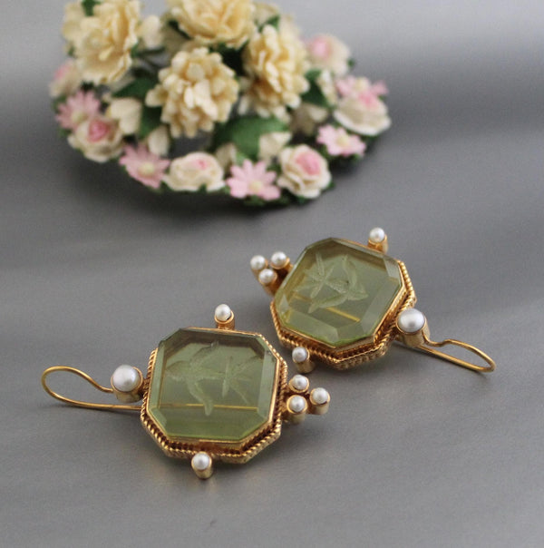 Green Square Intaglio Earrings, 1920s Art Deco Pearl Drops, Gold Plated