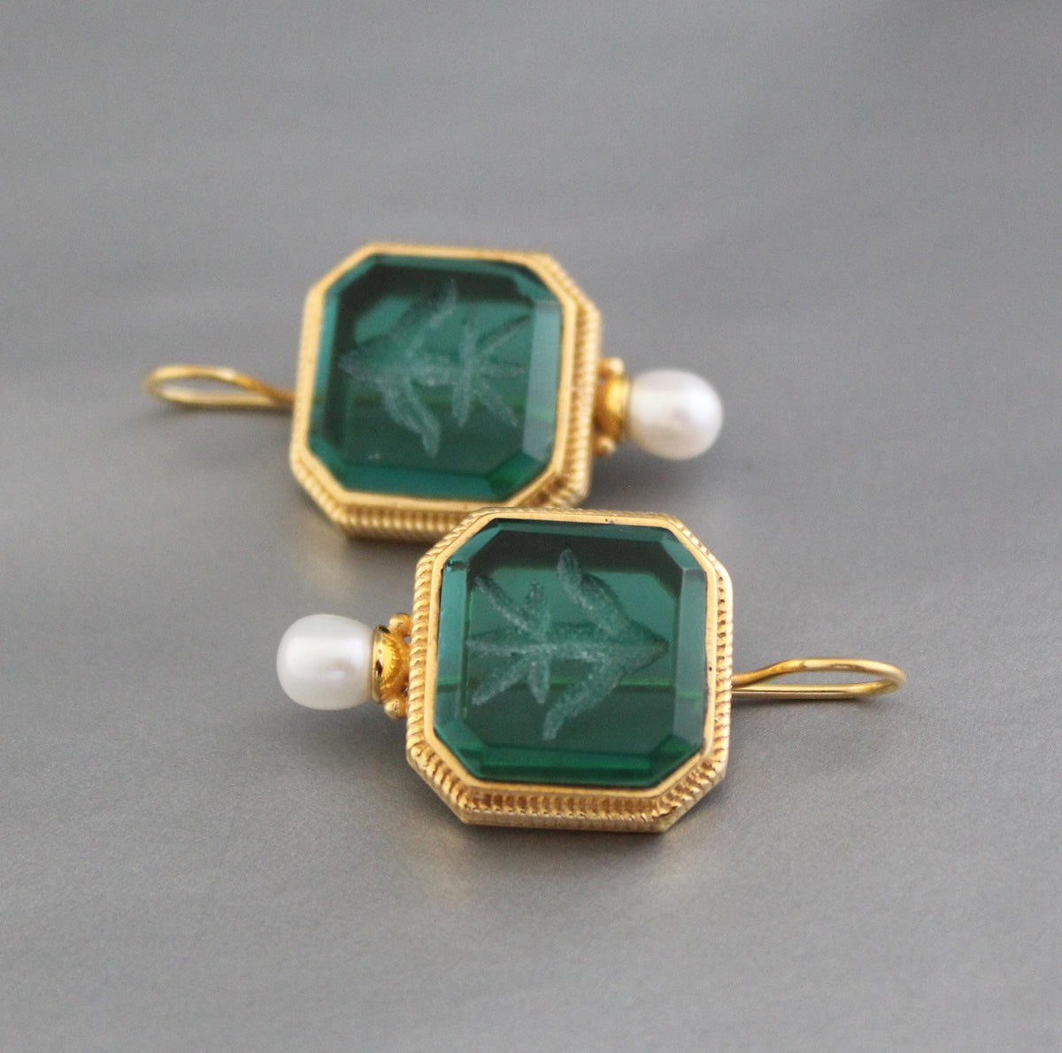 Green Glass Intaglio Earrings, Victorian Art Deco, 14K Gold, photo 7
