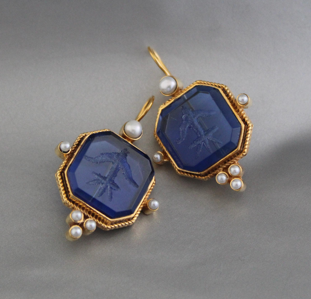 Blue Glass Intaglio Earrings, Victorian Dangles with Pearls, Brass, photo 7