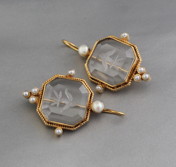 Intaglio Glass Earrings, Victorian Art Deco Style, 18K Gold Vermeil