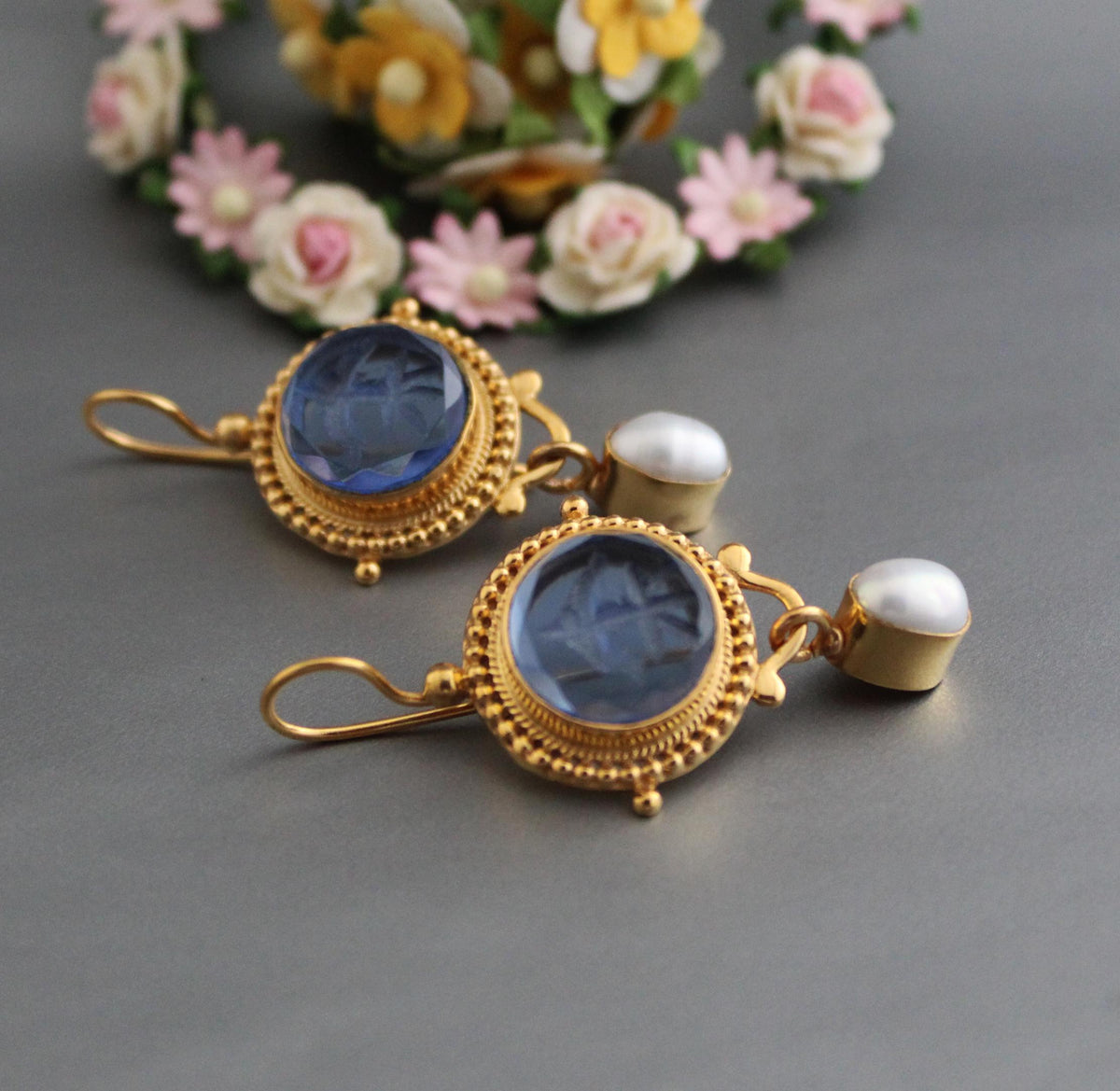 Blue Intaglio Crystal Earrings, Antique Style, Gold Brass, photo 2