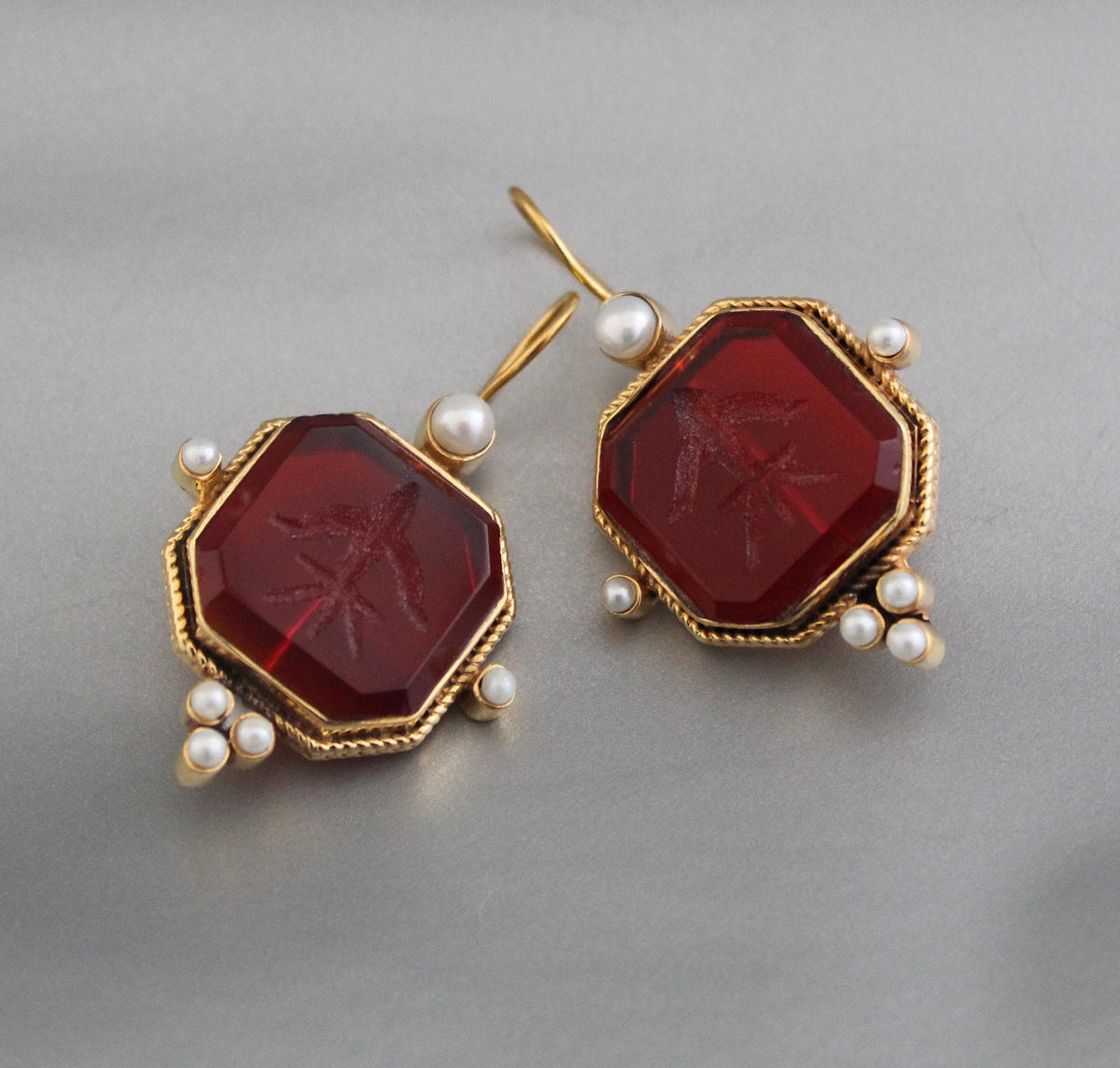 Red Intaglio Crystal Earrings, Victorian Style, 18K Gold, photo 8