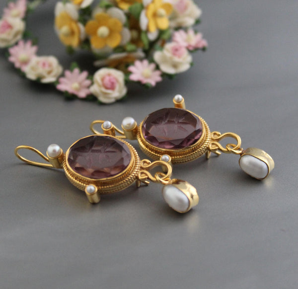 Purple Glass Intaglio Earrings, Vintage Style