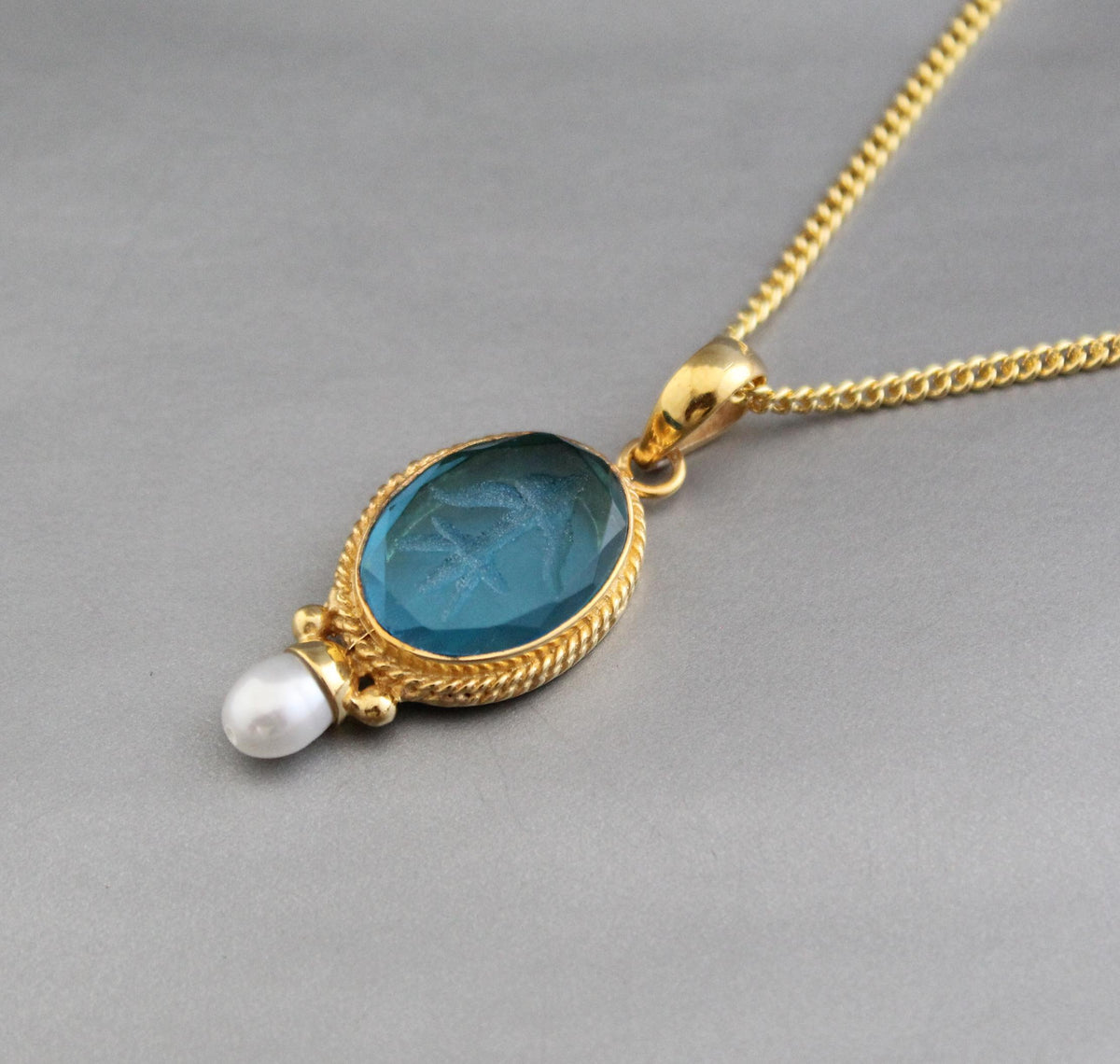 Blue Glass Intaglio Pendant Necklace, Victorian Style, Gold Vermeil with Pearl, photo 7