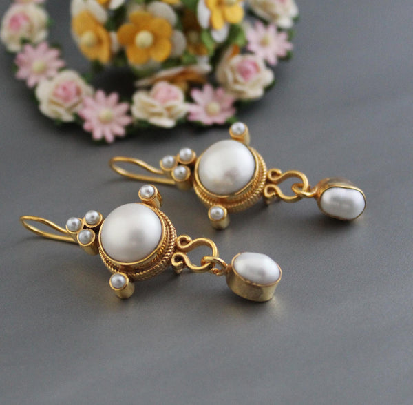 Intaglio Pearl Earrings, 1920s Vintage Style, Gold