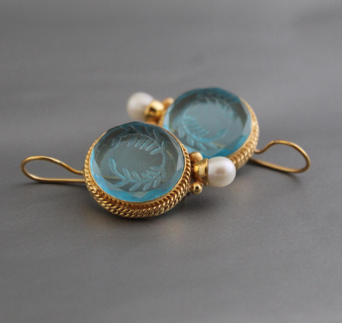 Blue Laurel Wreath Intaglio Earrings, Art Nouveau Style, Gold, photo 6