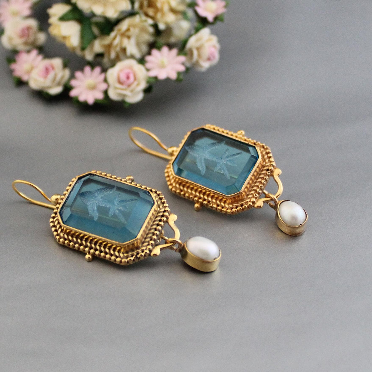 Blue Glass Intaglio Earrings, Victorian Bridal Pearl Dangles, Gold