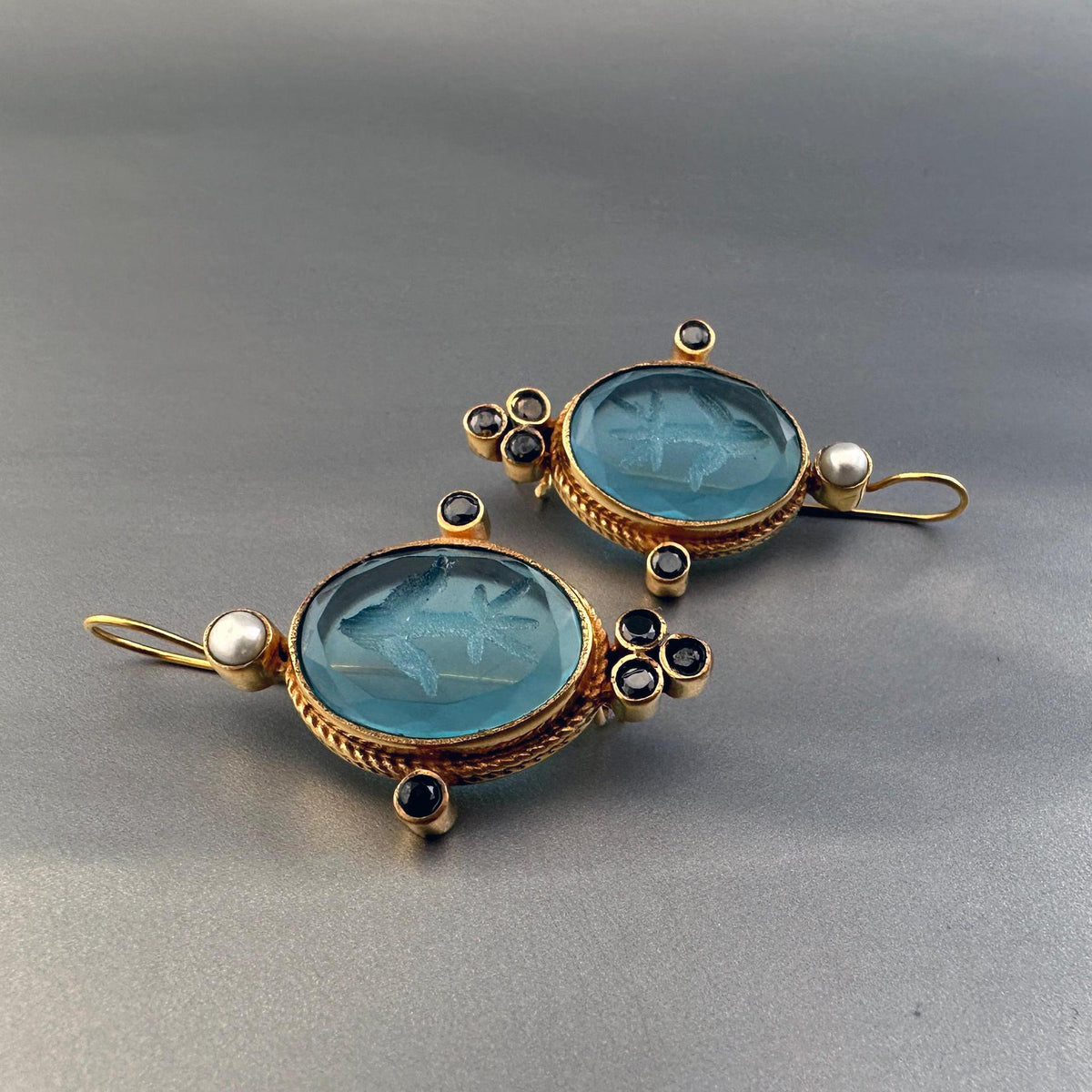 Blue Glass Intaglio Earrings, Bridal Style, Antique Gold Vermeil