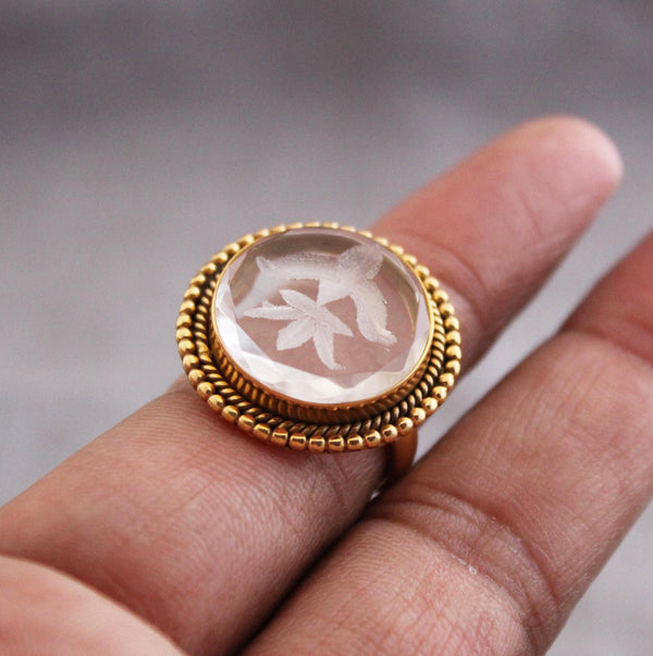 Clear Fleur-de-lis Intaglio Ring, Victorian Statement Ring, Gold Plated