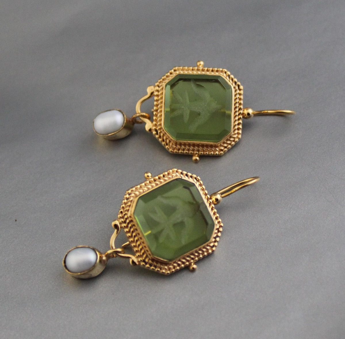 Green Intaglio Drop Earrings, Victorian Art Deco Gold
