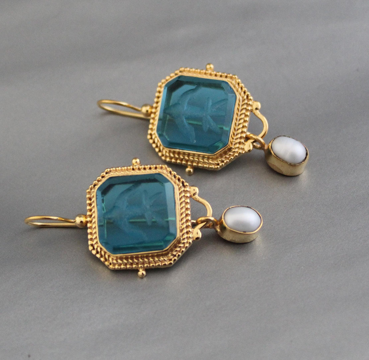 Blue Glass Intaglio Earrings, Antique Gold Hoops, photo 8