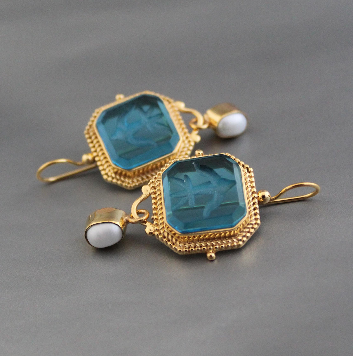 Blue Glass Intaglio Earrings, Antique Gold Hoops, photo 6